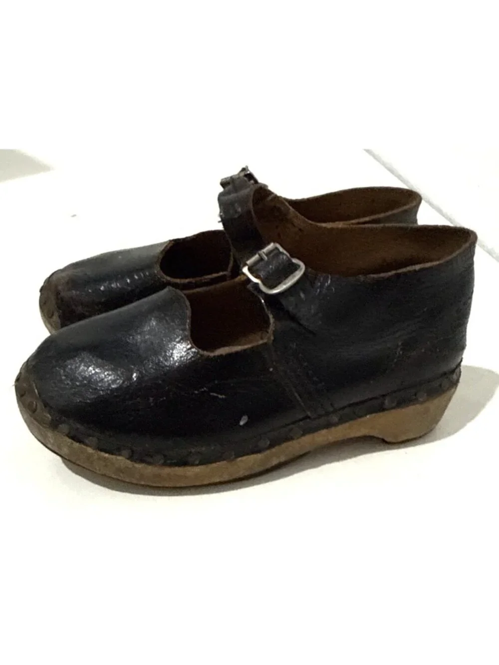 Antique Victorian Handmade Black Leather Wood Mary Jane Child Clogs Shoes Size 8